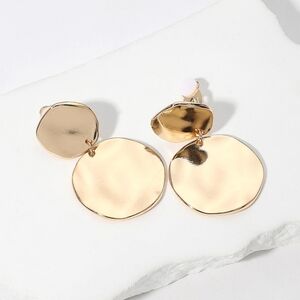 Gold Disc Dangle Hammered Metal Clip On Earrings 1.8 Inch ClipOns Jewelry
